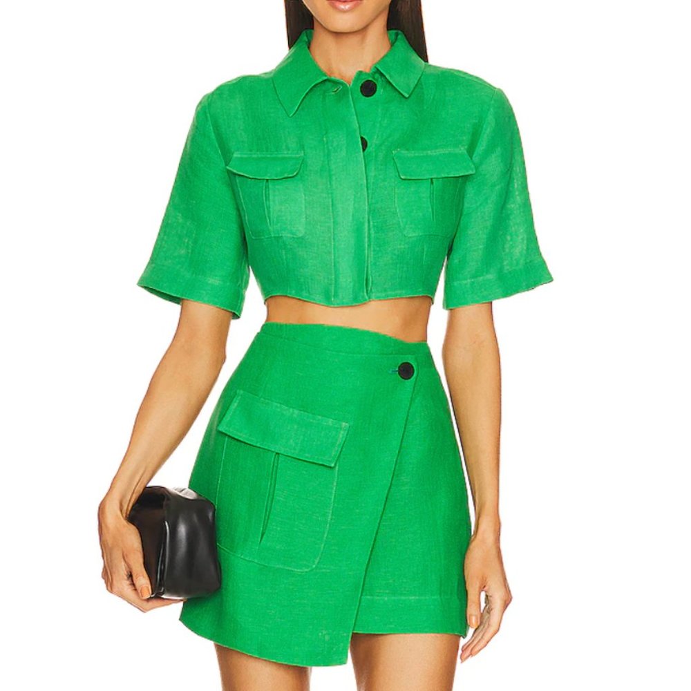 Matthew Bruch Green Cropped Shirt & Wrap Skirt Set
